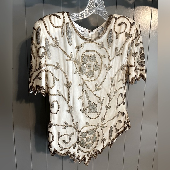 Laurence Kazar New York Vintage Gold/Silver Beaded top Ivory - Picture 1 of 6